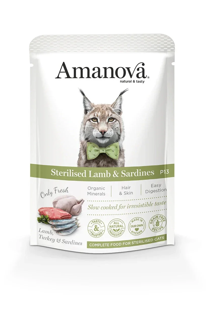 AMANOVA POUCH STERILISED, LAMB & SARDINES, GRAANVRIJ, 85 GRAM