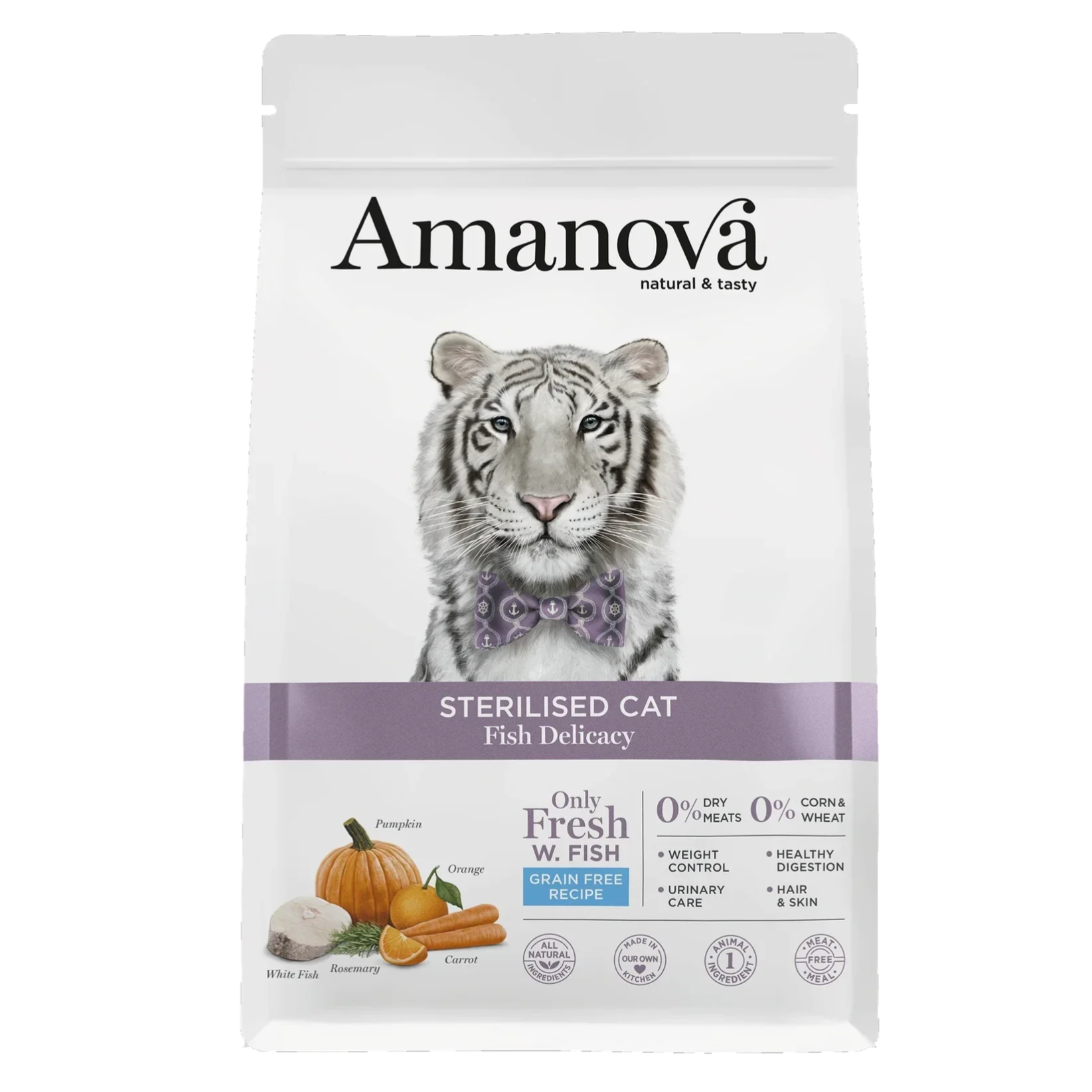 AMANOVA STERILISED CAT, FISH DELICACY, GRAANVRIJ, 1½ KILO; 1 of 2 zakken.
