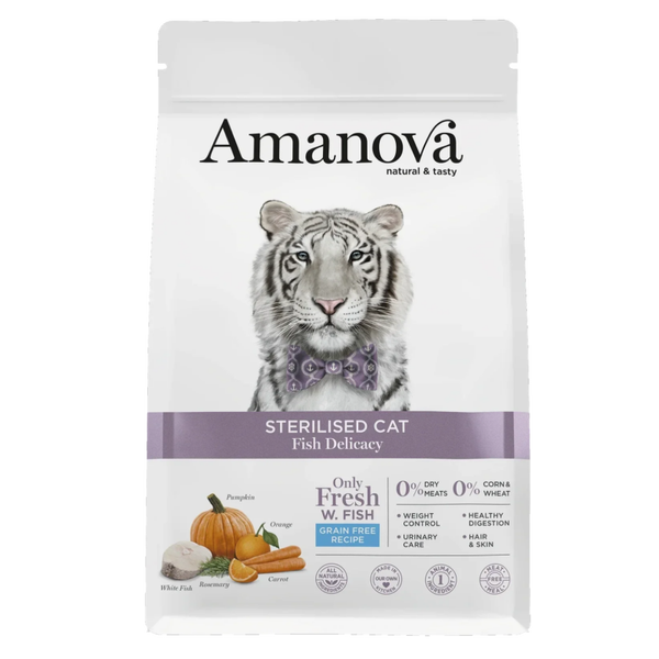 AMANOVA STERILISED CAT, FISH DELICACY, GRAANVRIJ, 1½ KILO; 1 of 2 zakken.