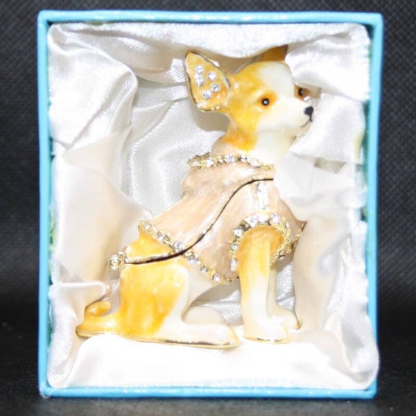 Chihuahua, tinnen doosje met Rhinestones.