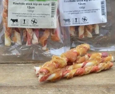 Rawhide stick met kip en rund 12 cm, 400 gram.