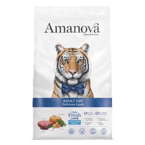 AMANOVA ADULT CAT, DELICIOUS LAMB, GRAANVRIJ, 1½ KILO; 1 OF 2 ZAKKEN.