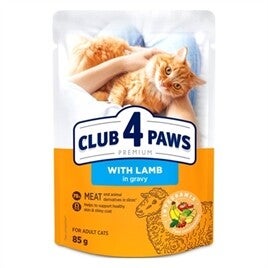CLUB 4 PAWS PREMIUM ADULT POUCH LAM IN SAUS, 85 GRAM; 1 of 5 zakjes
