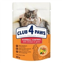 CLUB 4 PAWS PREMIUM ADULT HAIRBALL CONTROL POUCH KIP IN SAUS, 80 GRAM