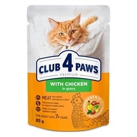 CLUB 4 PAWS PREMIUM SENIOR 7 + POUCH KIP IN SAUS, 85 GRAM