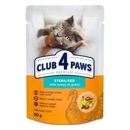 CLUB 4 PAWS PREMIUM ADULT STERILISED POUCH KALKOEN IN SAUS, 80 GRAM