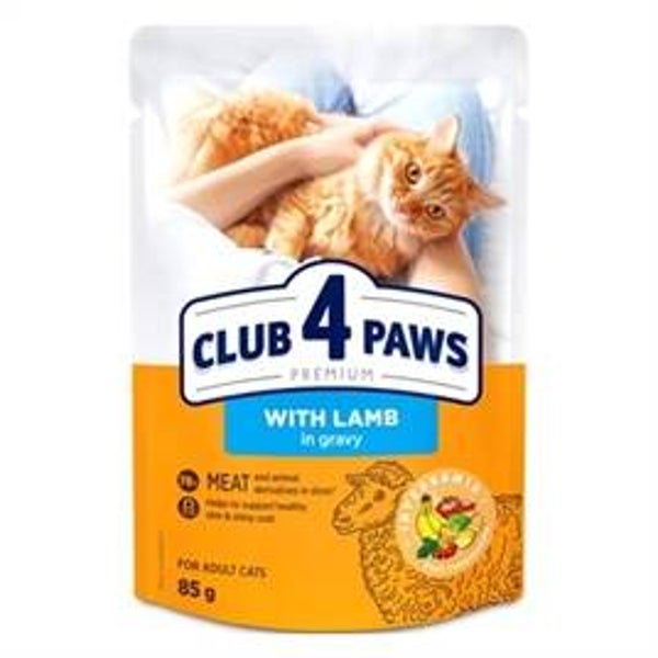 CLUB 4 PAWS PREMIUM ADULT POUCH LAM IN SAUS, 85 GRAM; 1 of 5 zakjes