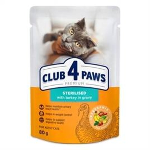 CLUB 4 PAWS PREMIUM ADULT STERILISED POUCH KALKOEN IN SAUS, 80 GRAM