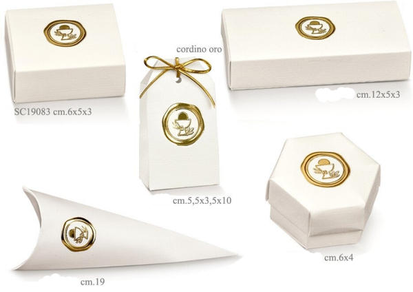 PORTACONFETTI COMUNIONE BIANCO CON ICONA ORO
