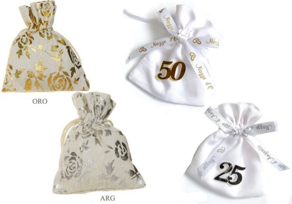 5 SACCHETTI IN COTONE ANNIVERSARIO CON TIRANTE cm 9X11