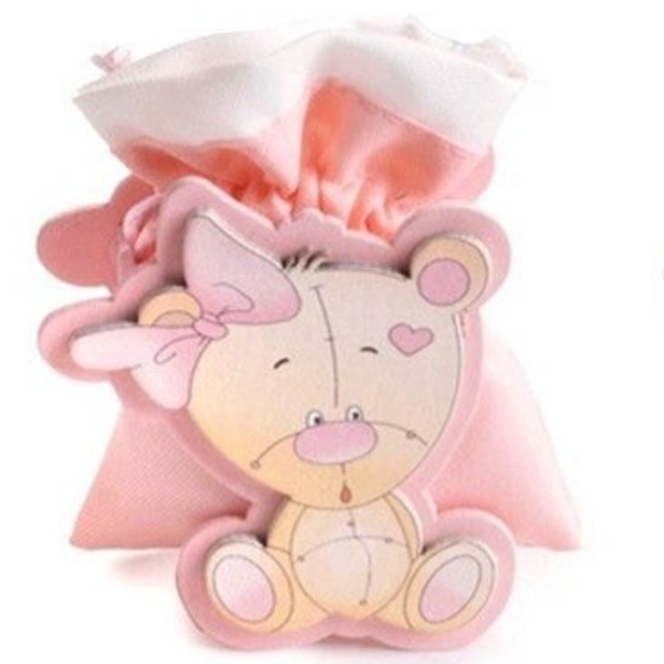 12 PORTA CONFETTI LEGNO ORSETTO ROSA + 12 BIGLIETTI