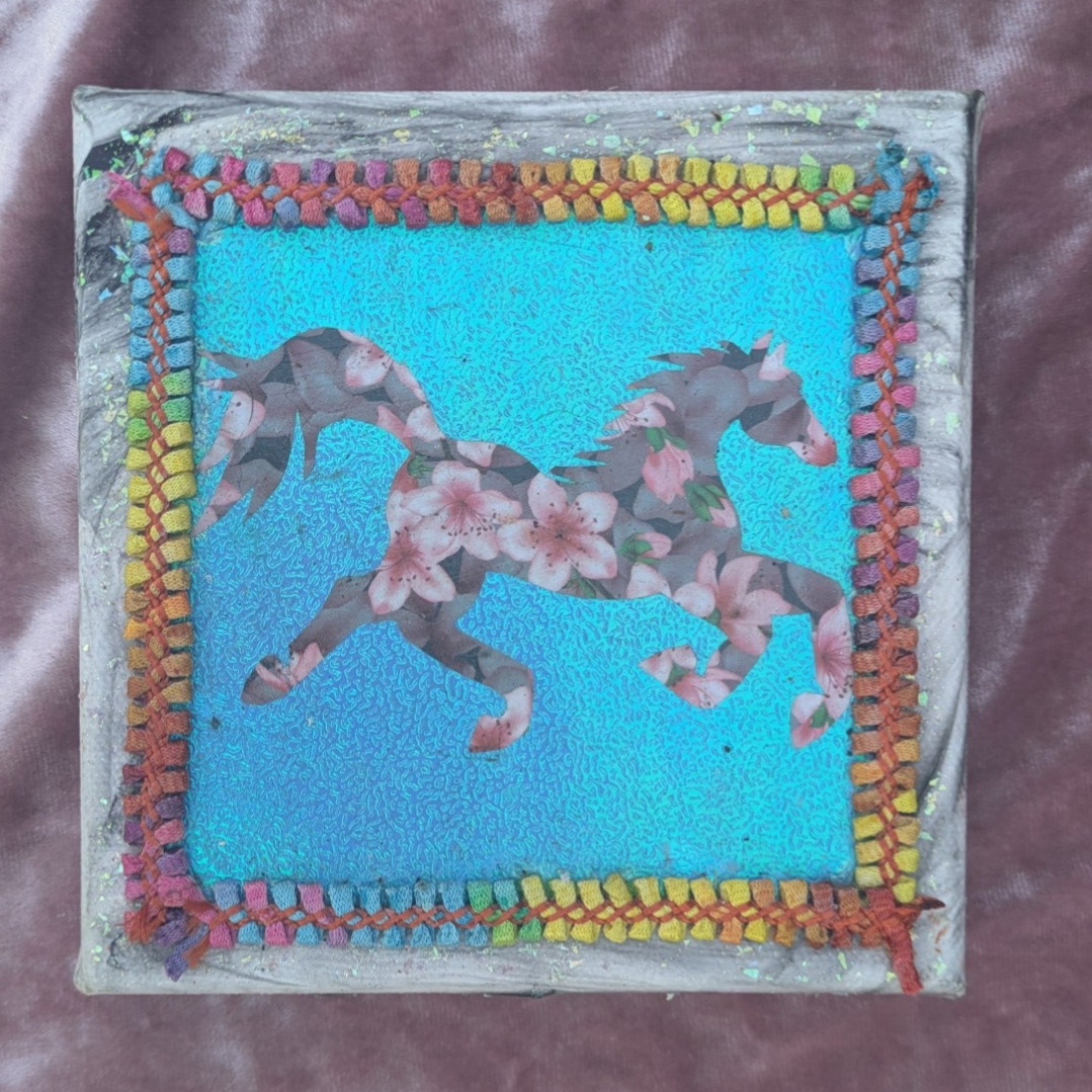 Floral Pink Horse collage on Canvas