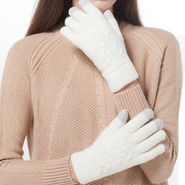 Doppellagige warme Touchscreen-Strickhandschuhe, Damen