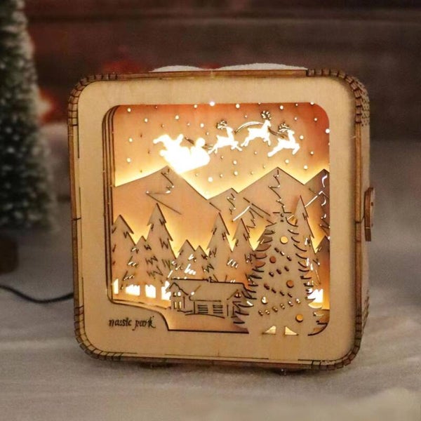 Sonne in der Kiste, Holzgeschnitzte Lampe als Tischdekoration