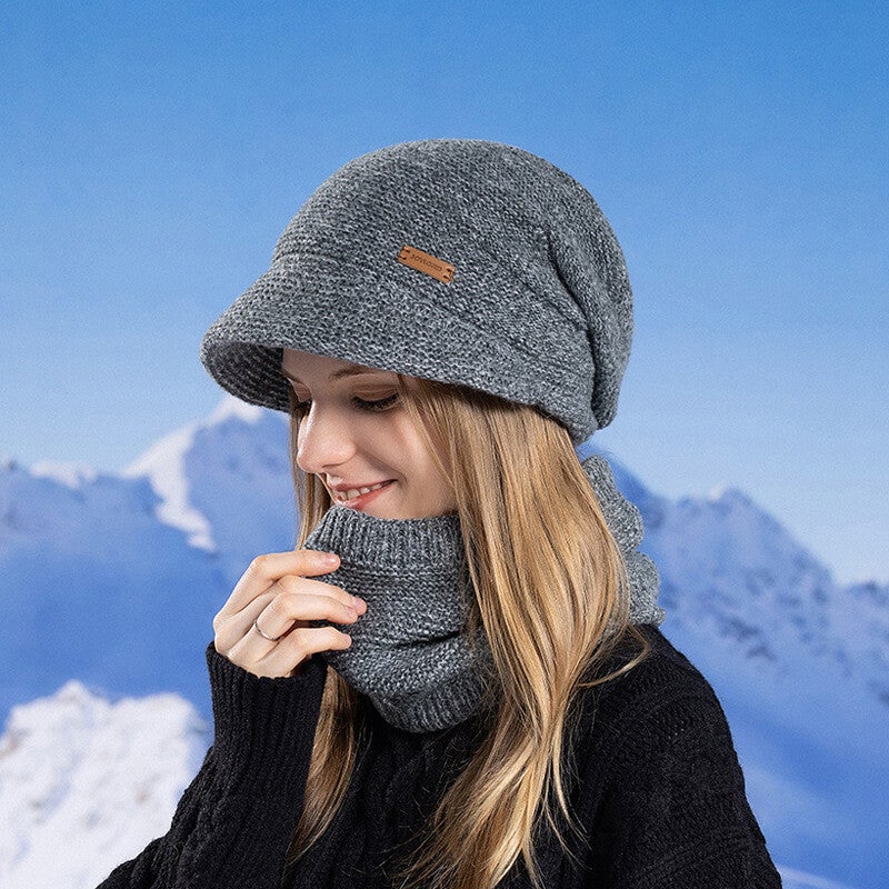 Damen Wintermütze mit Schal, Schirmbeanie Schal Set