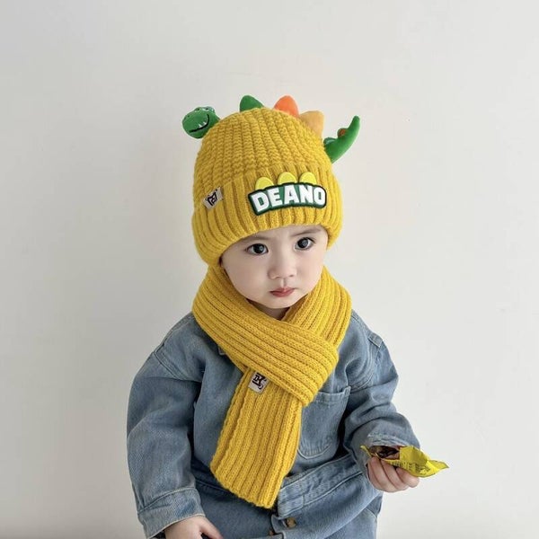 Baby Strickmütze mit Schal, Dino Cartoon