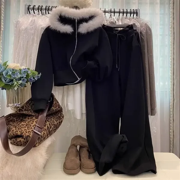 Fleece Damenset mit Pelzkragen - D2Studio