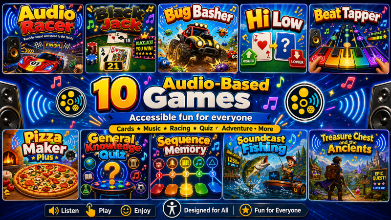 The image is a bright, colourful promotional banner for 10 audio-based games. It has a bold arcade-style design with neon blues, music notes, speakers, sound-wave graphics, and large 3D text in the centre.