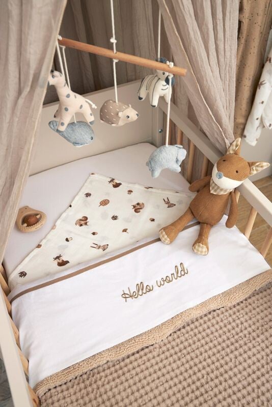 Ledikant laken met bies Hello World - taupe