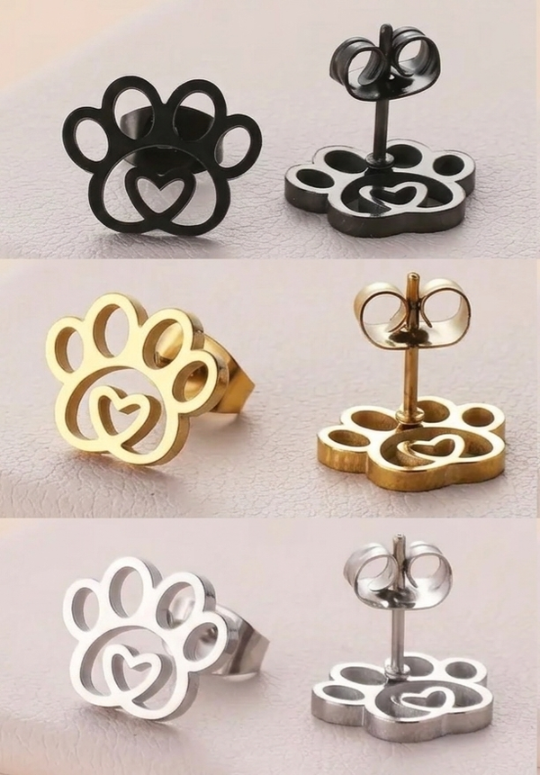 Filigrane Pfoten Ohrstecker mit Herz im Ballen – Edelstahl 316 in Silber, Gold & Schwarz