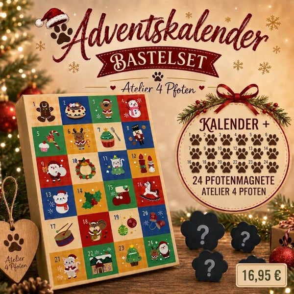🎄 Adventskalender Bastelset – 24 weihnachtliche Pfotenmagnete + Kalender