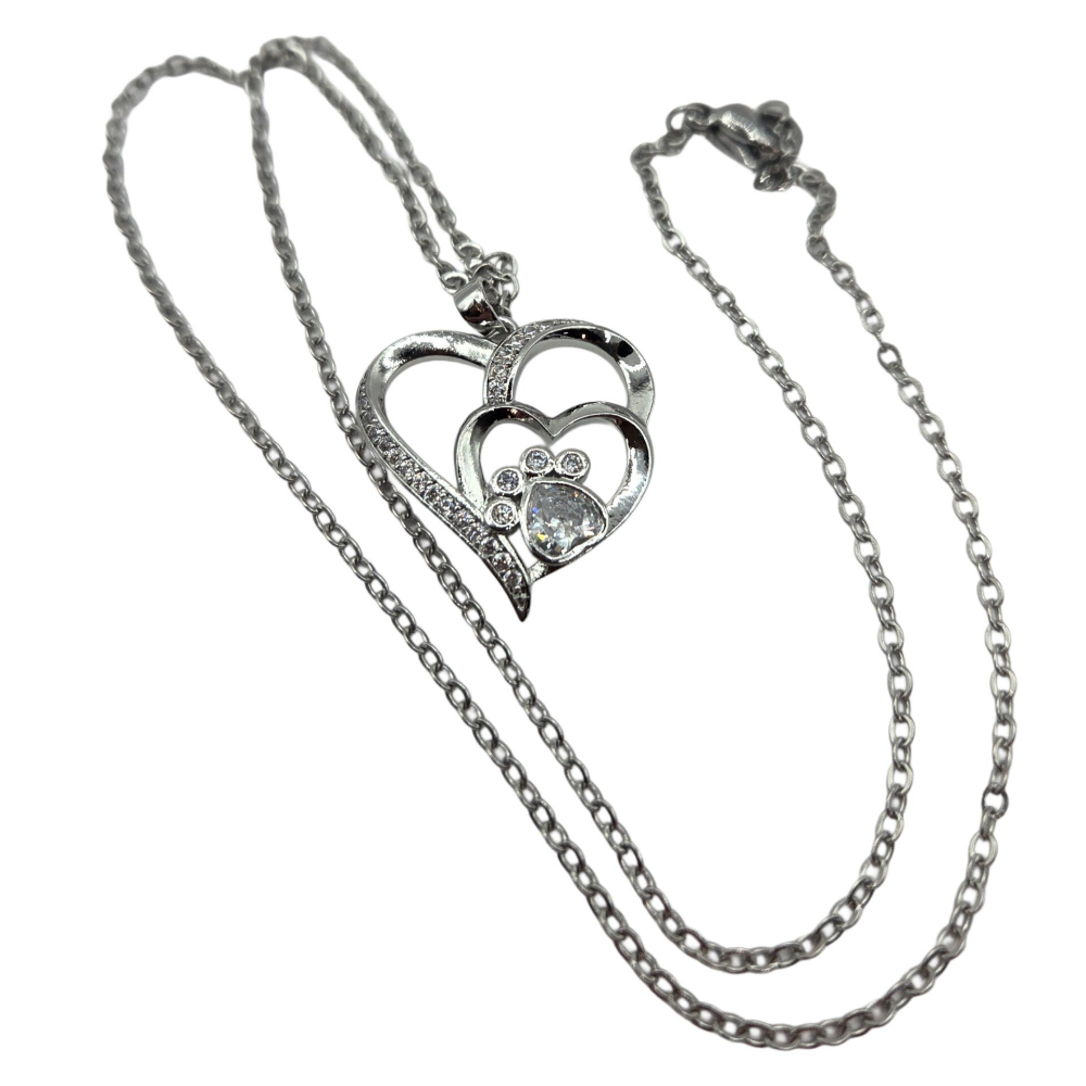 Anhänger / Kette Herz Pfote Edelstahl mit Zirkonia Steinen