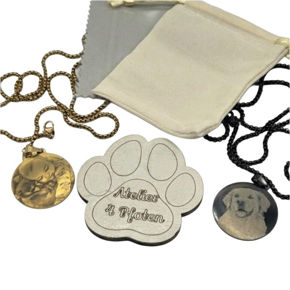 Anhänger / Kette rund Edelstahl mit Bild Foto Gravur Gold / Schwarz