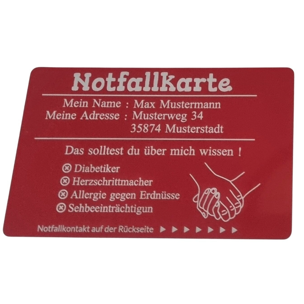 Gravierte Notfallkarte aus Metall – für Senioren & Menschen mit Beeinträchtigung