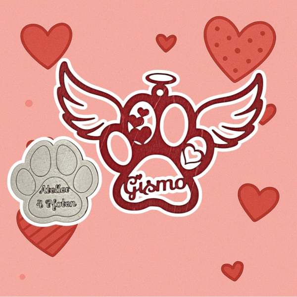 Holz Pfote Herz Love Anhänger Hund Katze / Flügel mit Name