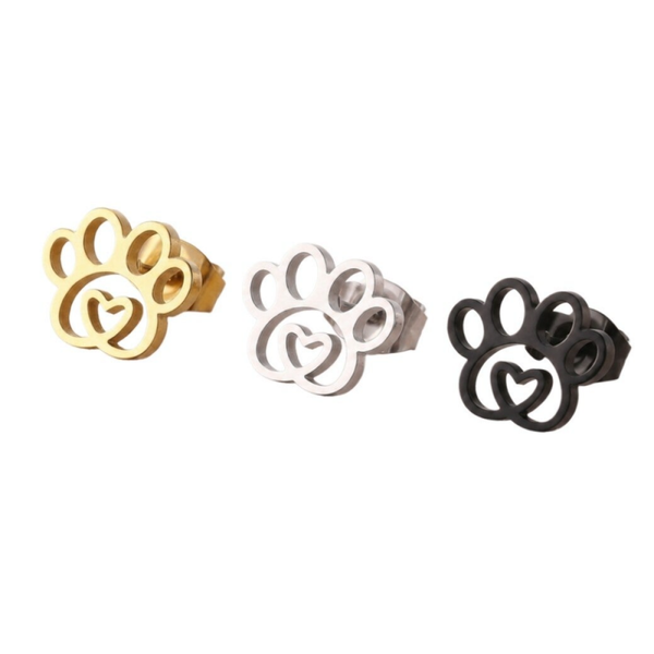 Filigrane Pfoten Ohrstecker 2er Set mit Herz im Ballen – Edelstahl 316 in Silber, Gold & Schwarz