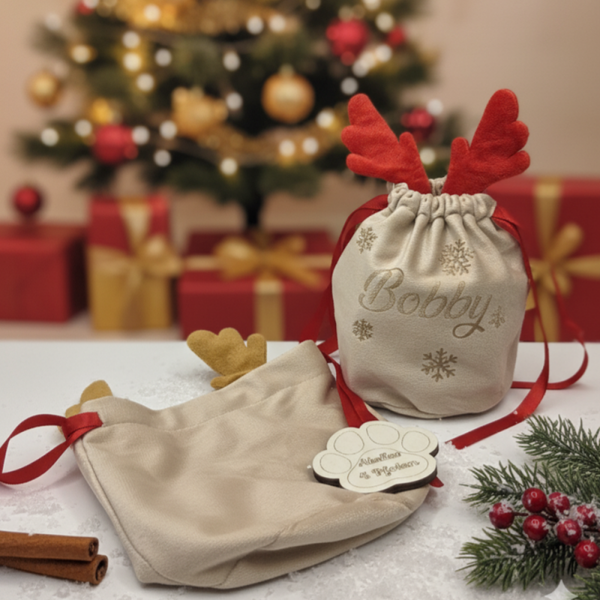 Weihnachtssäckchen Samt Stoff Geweih mit Gravur Geschenk Weihnachten Nikolaus