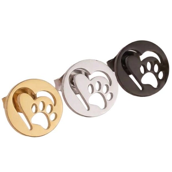 Pfoten Ohrstecker aus 316 Edelstahl – Herz Design in Silber, Gold & Schwarz