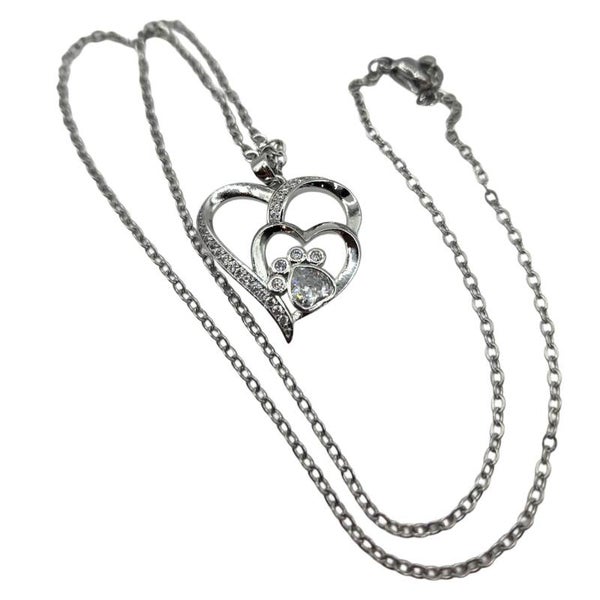 Anhänger / Kette Herz Pfote Edelstahl mit Zirkonia Steinen