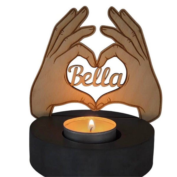 Herzlicht mit Wunschname – Teelichthalter aus Keramik und Holz | Personalisierte Geschenkidee