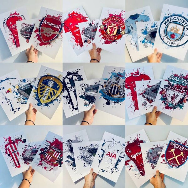 Football club A4 badge, shirt & stadium watercolour x 3 print set