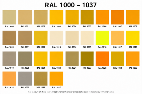 Teintes RAL 1000 à 1037 BRILLANT ou MAT 30%