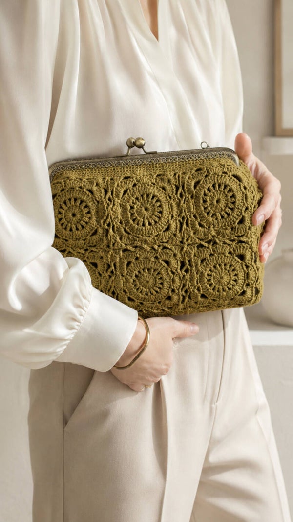 Handgefertigte Clutch aus Baumwollgarn – mit Innenfutter
