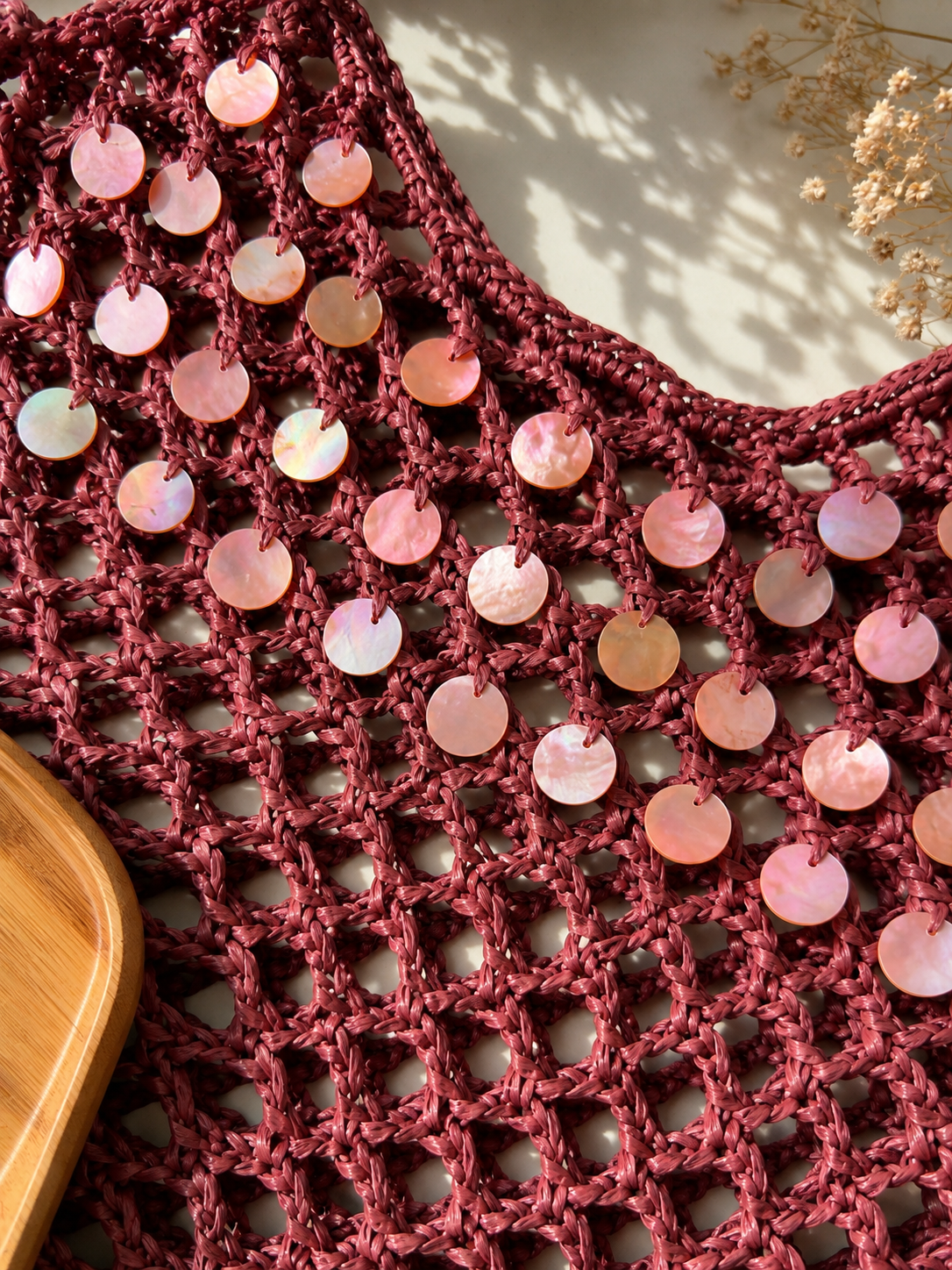 Handmade Raffia Sequin Mesh Bag – Burgundy