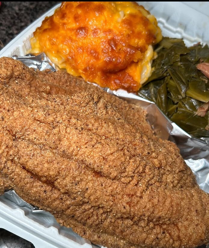 Fish Plate/ Seafood loaded potatoes and free surprise dessert!!