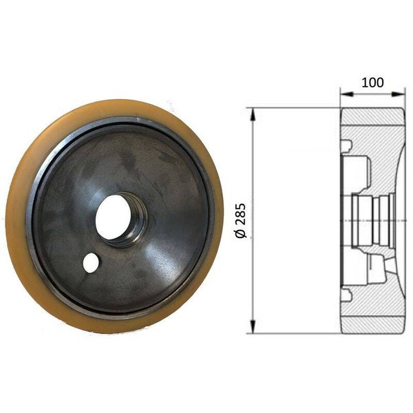 Roue porteuse 285 × 100 mm – Moyeu Ø40 mm – Charge 2 450 kg – Compatible plusieurs marques et modèles de chariots élévateurs
