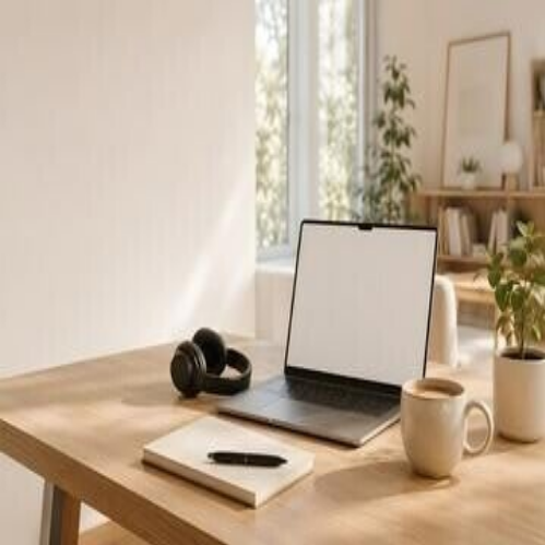 Ein Laptop auf einem Holztisch mit einem weißen Bildschirm und einer Tasse Kaffee daneben, im Kontext mit Jenseitskontakte Jana Lorenz.