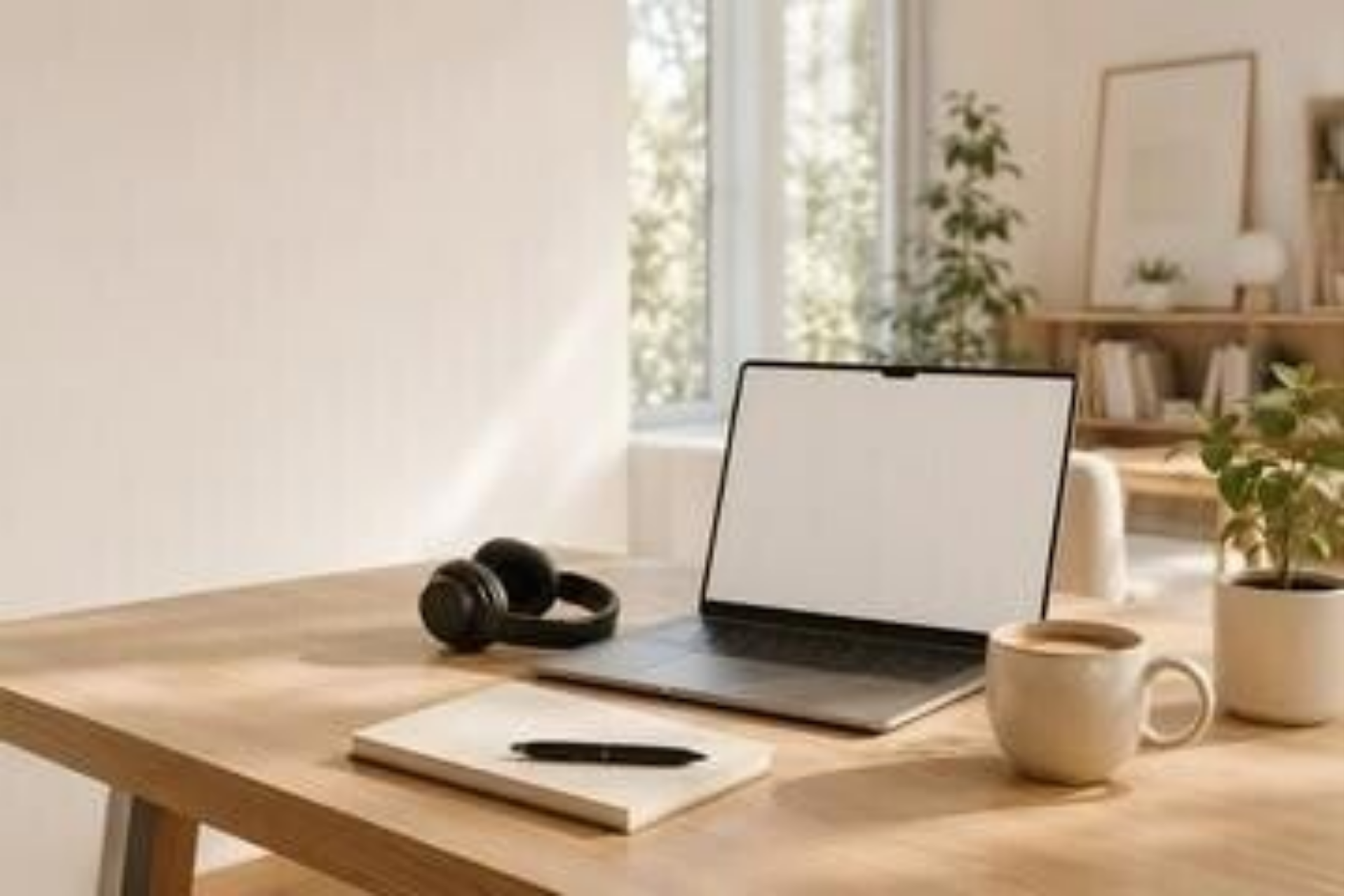 Ein Laptop auf einem Holztisch mit einem weißen Bildschirm und einer Tasse Kaffee daneben, im Kontext mit Jenseitskontakte Jana Lorenz.