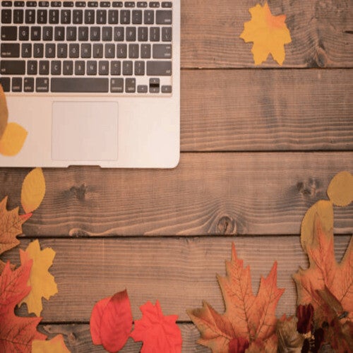 Ein silberner Laptop liegt auf einem rustikalen Holztisch, der mit bunten Herbstblättern in Gelb-, Orange- und Rottönen dekorativ umrandet ist, im Kontext mit Jenseitskontakte Jana Lorenz.