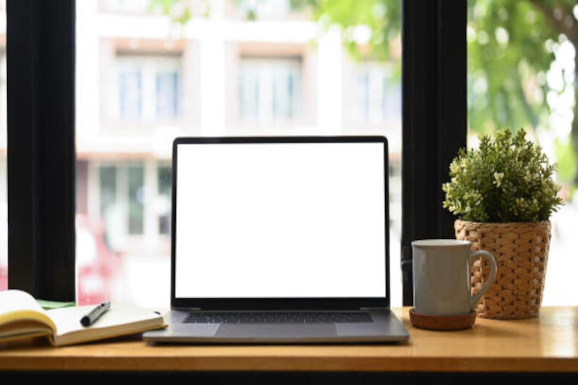 Ein Laptop mit leeren Bildschirm steht auf einem Holztisch mit Pflanzen an einem Fenster, im Kontext mit Jenseitskontakte Jana Lorenz.