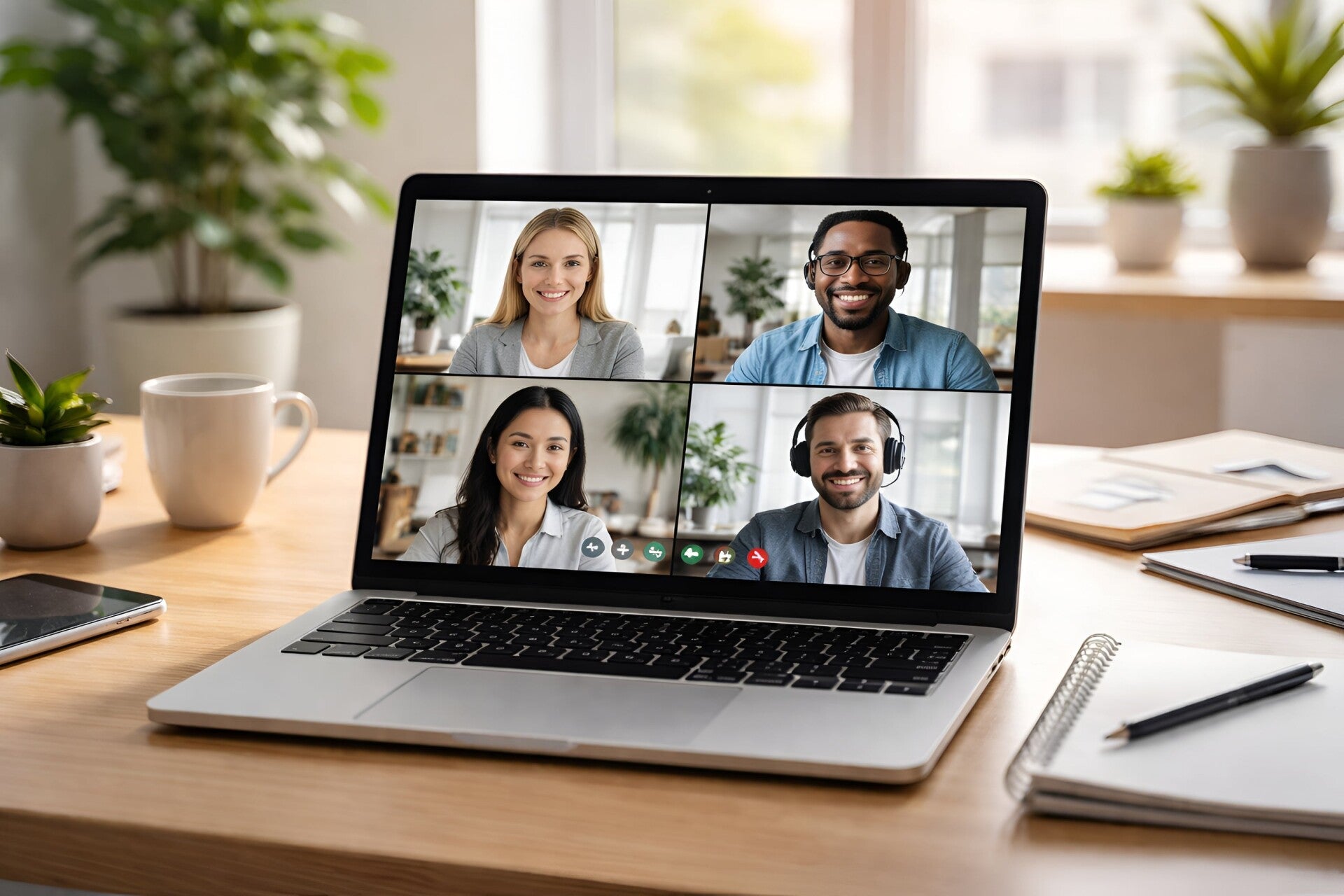 Laptop auf einem Schreibtisch mit Videokonferenz, vier Personen in einzelnen Fenstern, im Hintergrund Pflanzen und Büroutensilien, im Kontext mit Jenseitskontakte Jana Lorenz.