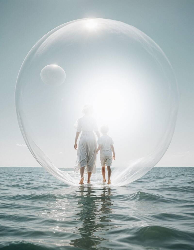 Eine Frau und ein Junge stehen in einem großen, transparenten Blasenformat über dem Wasser. Die Sonne strahlt hell hinter ihnen, während sie barfuß im Wasser stehen, Kontext Blog Jenseitskontakte Jana Lorenz.