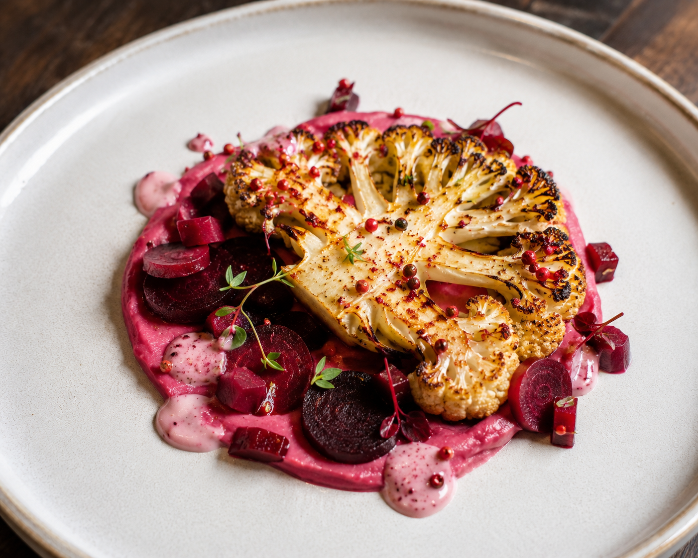 Bloemkool steak met biet | roze pepertjes saus