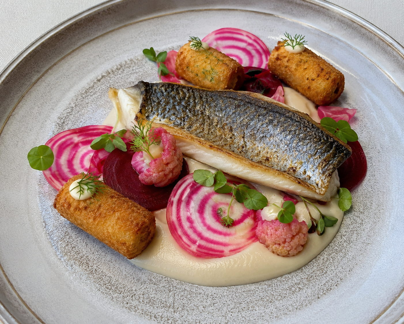 Zeebaars | chioggia biet | Bloemkool crème | aardappelkroket