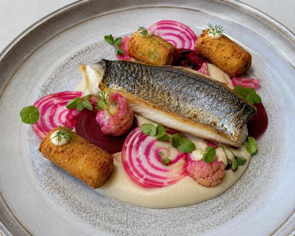 Zeebaars | chioggia biet | Bloemkool crème | aardappelkroket