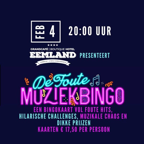 Foute MuziekBingo 4 februari 20:00 uur Grandcafé Eemland Eemnes